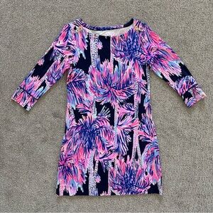 Lilly Pulitzer Bright Navy Pink Sophie UPF 50+ Boat‎ Neck Palms Up Dress Size M